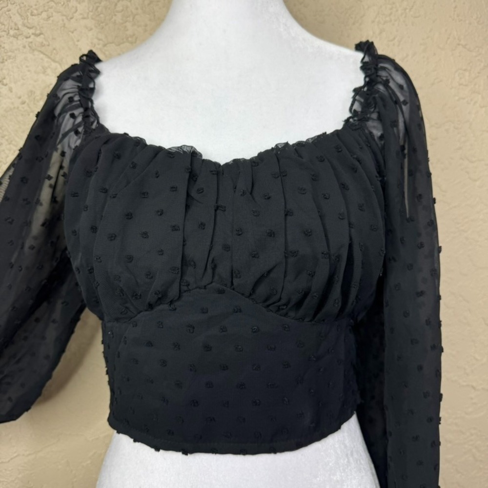 Women's Cropped Baby Doll Whimsigoth Top Black Size S Sheer Dot Balloon Sleeves - Picture 1 of 12